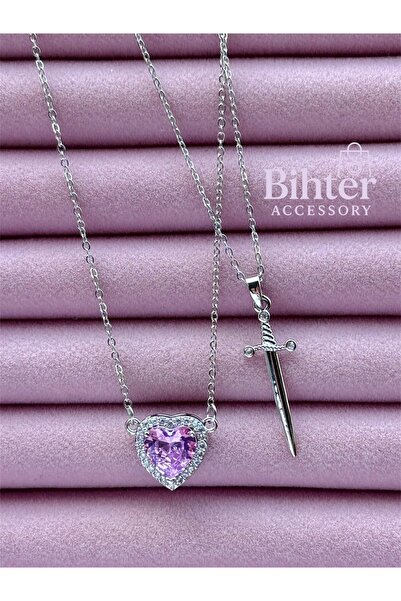 Bİ BONCUK Pembe Kalp Ve Kılıç Figürlü Pamuk Prenses Ve Avcı Kolyesi Zirkon Ta...