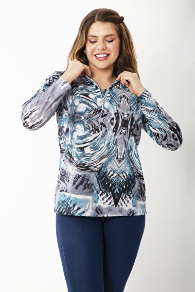 Şans Women's Large Size Petrol Front Patch Zippered Long Sleeve Patterned Blouse 65N37218
