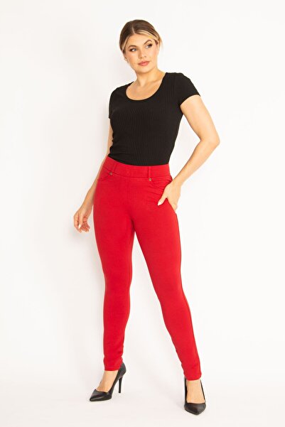 Şans Women's Large Size Red Leggings with Front Decoration and Back Pockets 65n34534