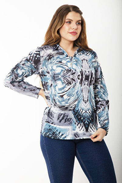 Şans Women's Large Size Petrol Front Patch Zippered Long Sleeve Patterned Blouse 65N37218
