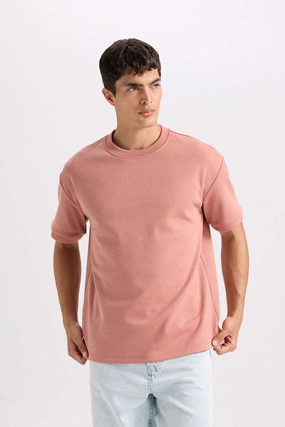 DeFacto Übergroßes, lockeres Basic-T-Shirt mit Rundhalsausschnitt und kurzen Ärmeln aus schwerem Stoff B6494AX25SP