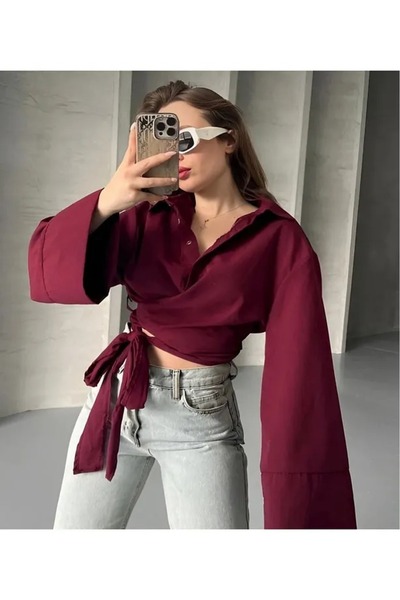 lesclees Kadın Bordo Ispanyol Kol Bağlamalı Beli Kuşaklı Gömlek