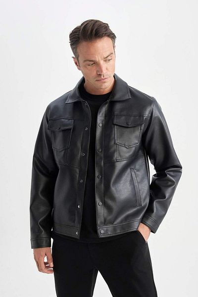 DeFacto Palton slim din piele artificială - hidrofugă, închidere cu capse, guler de cămașă, buzunare D6589AX25SP