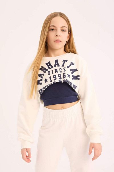 DeFacto Hanorac cu imprimeu crop pentru fete cu decolteu rotund D9919A825SP