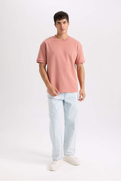 DeFacto Übergroßes, lockeres Basic-T-Shirt mit Rundhalsausschnitt und kurzen Ärmeln aus schwerem Stoff B6494AX25SP