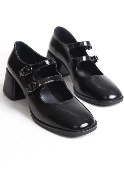 Mubiano Collection Mubiano Genuine Leather Collection Women's Tape Detailed Thick Heeled Wrinkled Patent Leather Shoes Black - Mcrgn