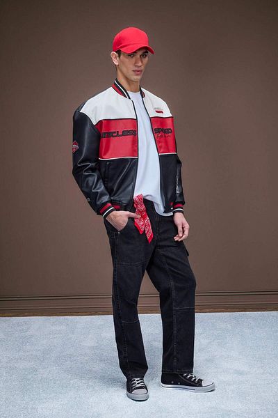 DeFacto Lightweight and Seasonal Water Repellent Bomber Coat - Oversize Faux Leather, College Collar, Zip Pocket