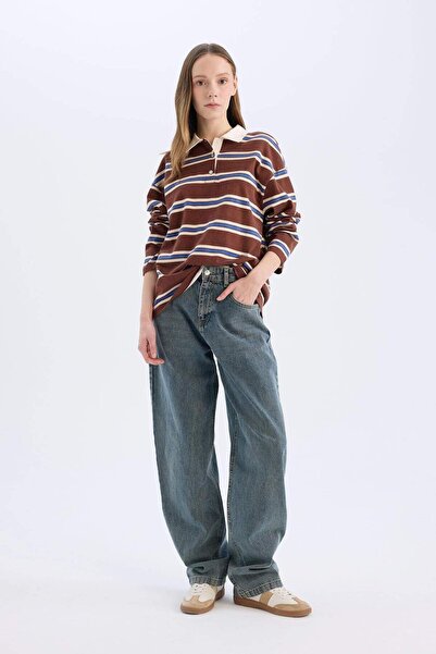 DeFacto Coool Loose Fit Polo Yaka Çizgili Uzun Kollu Tişört E4915AX25SP