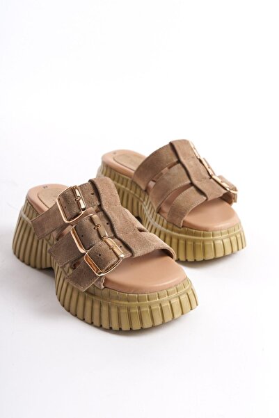 Mubiano Collection Mubiano Genuine Leather Collection Γυναικείες παντόφλες σουέτ πλατφόρμας καφέ -MCRGN6151-TB