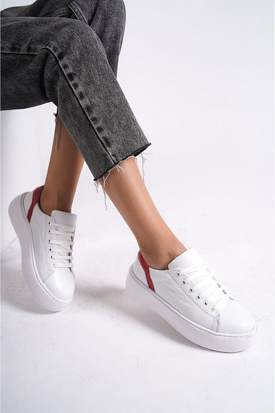 Mubiano Piele autentică MB6303-BK Pantofi și pantofi sport pentru femei, cu talpă groasă, roșu, alb