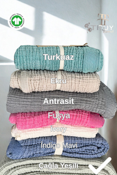 TruyTowel Müslin TV Battaniyesi PÜSKÜLLÜ ÇAĞLA YEŞİLİ