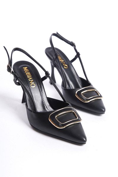Mubiano MBHRN960-S Pantofi cu toc înalt și stiletto negri pentru femei, cu detaliu de cataramă, cu vârf ascuțit