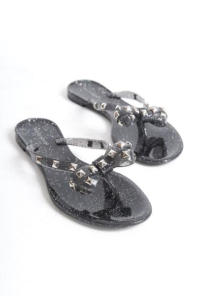Mubiano Papuci de vară pentru femei Jelly Transparent Black Glitter Bow Detaliu papuci plat-MSTB8282-SSS