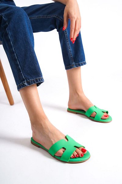 Mubiano Genuine Leather 654-Y Women's Green Espadrille Sandals & Slippers