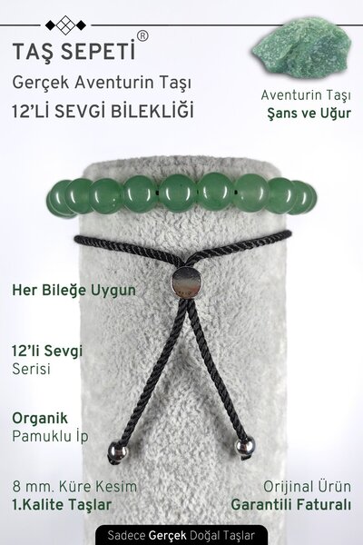 TAŞ SEPETİ 12'li Mutlak Sevgi Serisi Gerçek Aventurin Doğal Taşı Unisex Ayarl...