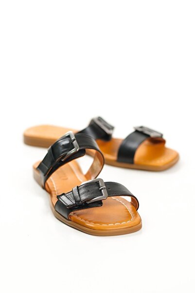 Mubiano Genuine Leather 2027-S Double Strap Women's Black Sandals & Slippers