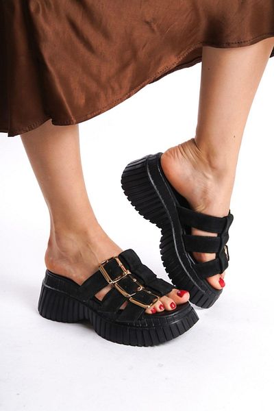 Mubiano Collection Mubiano Genuine Leather Collection Papuci de damă cu platformă din piele intoarsa Negru -MCRGN6151-S