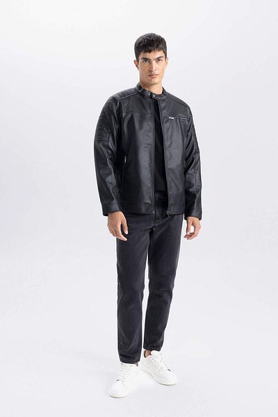 DeFacto Palton din piele artificială, cu fermoar, cu guler vertical, slim fit, rezistent la apă D6241ax25sp