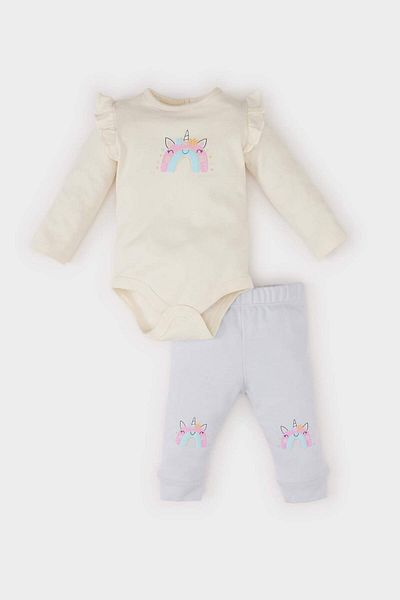 DeFacto 2-teiliges Baby-Set für Mädchen, Einhorn, bedruckt, langärmelig, Druckknopfverschluss, elastischer Bund, D8702A525SP