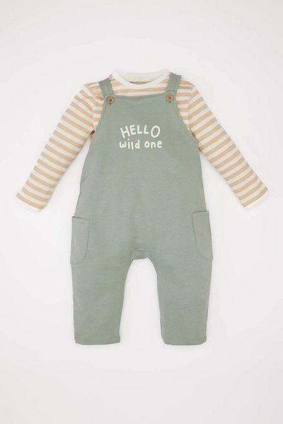 DeFacto Baby Boy Σετ 2 ριγέ μακρυμάνικο μπλουζάκι με στάμπα Salopet Jumpsuit D8708A525SP