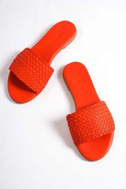 Mubiano Genuine Leather 655-Kr Women's Straw Look Red Flat Slippers