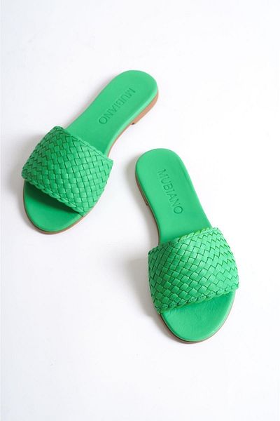 Mubiano Genuine Leather 655-Y Women's Straw Look Green Flat Slippers