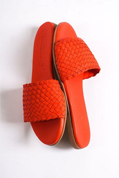 Mubiano Genuine Leather 655-Kr Women's Straw Look Red Flat Slippers