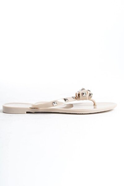 Mubiano Summer Women's Jelly Matte Beige Bow Detail Flat Slippers-Mstb8282-Bj