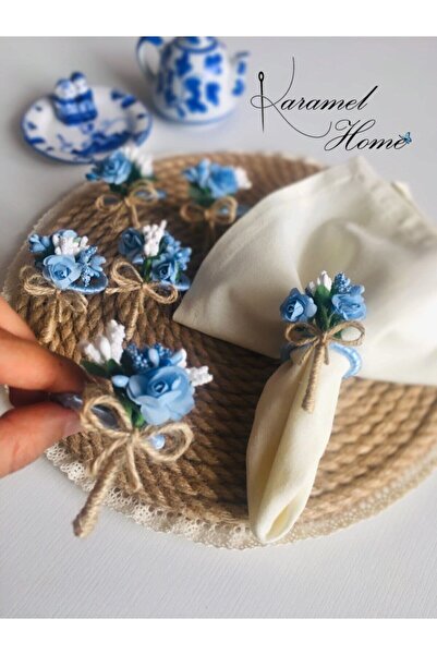 Karamelhome Mavi-beyaz Çiçek Demeti Peçete Halkası Yüzüğü