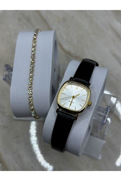 QUARTZ Brality. Tiny Black Color Strap Vintage Model Watch Gold Case (with Bracelet Gift) 0021