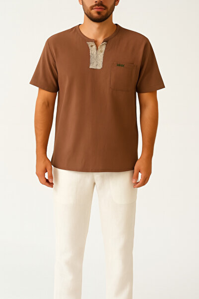 Solvia Officiall Ανδρικό μπλουζάκι σε καφέ χρώμα με έθνικ λεπτομέρειες και λινό εμφάνιση