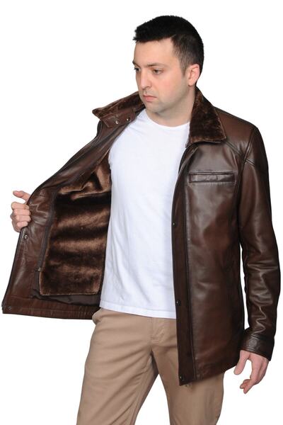 AsyaClub Derije Owen Genuine Leather Men's Chestnut Blackened Mobile Fur Coll...