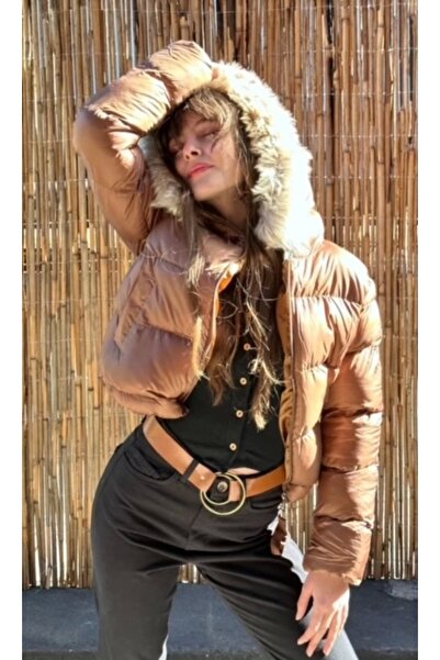 ayakuydur Kadın Kahverengi Kapşonlu Şişme Mont