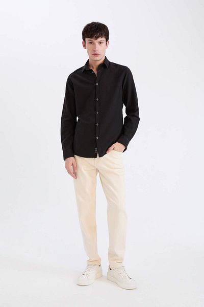 DeFacto Cămașă neagră cu mânecă lungă, din bumbac, slim fit, slim, A4644AX24AU