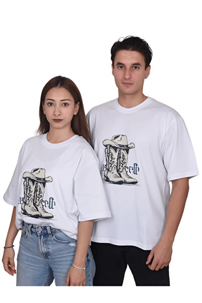 Unisex Oversize Kovboy Çizmesi/Şapkası Baskılı %100 Pamuk Beyaz T-shirt