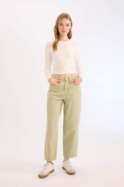 DeFacto Tricou alb cu mânecă lungă, cu gâtul rotund, cu nervuri, C8190AX24AU