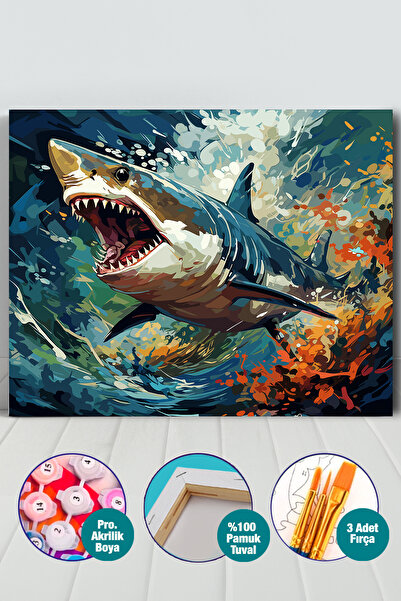 Picasso World Hobby Art Sayılarla Boyama Numaralı Tuval Seti Fırça Boya Dahil 40x50 Cm 3boyutlu Köpek Balığı