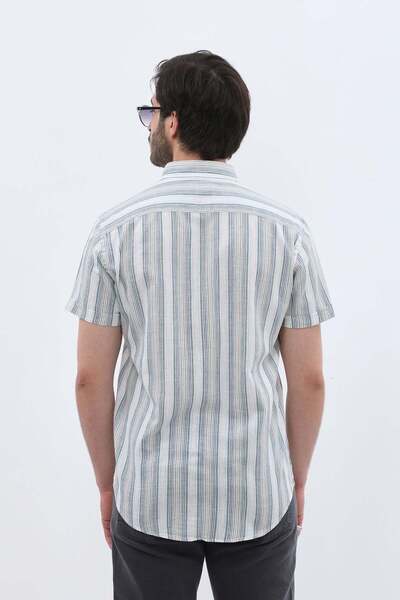 SHIRTSPRO shirtpro cotton regular fit short sleeve button down collar shirt in green color stripes pattern