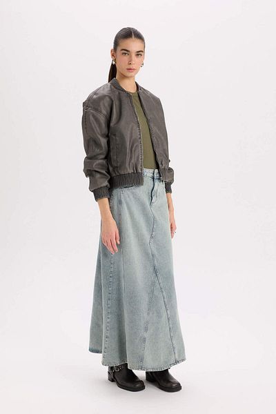 DeFacto Faux Leather Water Repellent Bomber Jacket - College Collar, Zip Pockets, B3457Ax24Au