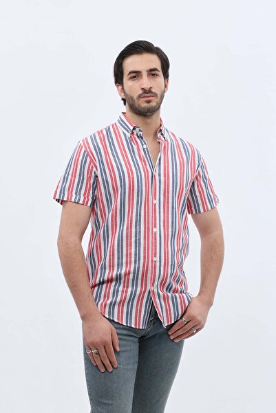 SHIRTSPRO shirtpro cotton regular fit short sleeve button down collar shirt in red color with stripes