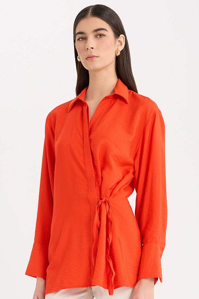 DeFacto Cămașă roșie cu mânecă lungă, oversize, cu șireturi, E0568AX24WN