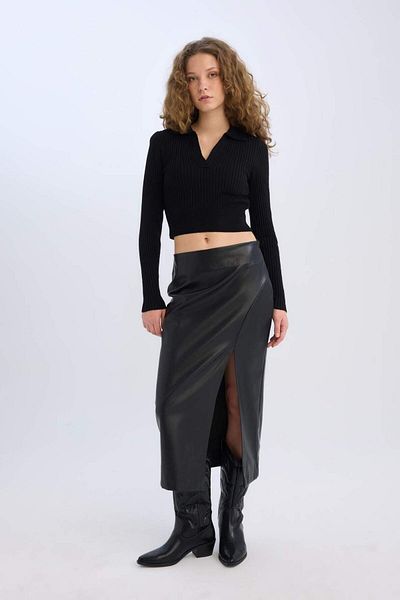 DeFacto Pencil High Waist Slit Faux Leather Midi Black Skirt D3015Ax24Wn