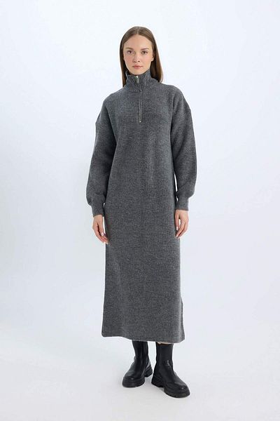 DeFacto Rochie maxi din tricot cu mânecă lungă, cu guler ridicat, cu fermoar - Regular Fit B0195AX24WN