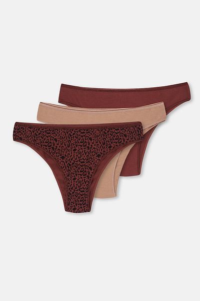 Dagi Red Brown-Dark Beige Women's 3-Piece Patterned Brazilian Panties