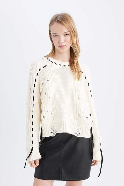 DeFacto Coool Oversize Geniș Calibru Pulover cu Gât Rotund de Tricot D8233AX24WN
