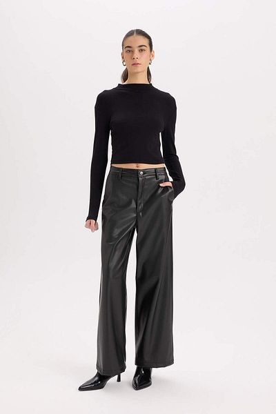 DeFacto Pantaloni de iarnă din piele artificială Culotte, cu buzunare, talie înaltă, picior lat D9372ax24au
