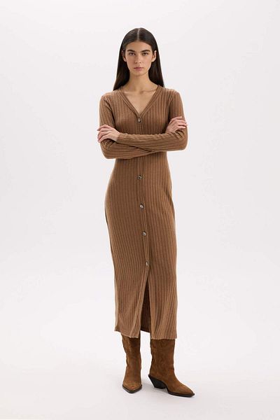 DeFacto Rochie midi cu decolteu în V, cu nervuri, cu mâneci lungi, cu nasturi, bodycon B3261AX24WN