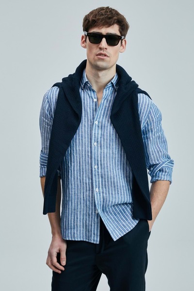 Lufian 111010632 Alfred Men's Linen Cotton Shirt Regular Fit Men's Shirt Blue