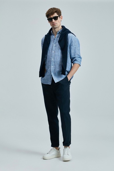 Lufian 111010632 Alfred Men's Linen Cotton Shirt Regular Fit Men's Shirt Blue