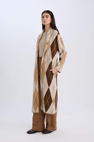 DeFacto Relax Fit Guler șal Tricotaj lungi cu model Argyle Cardigan D9811ax24wn